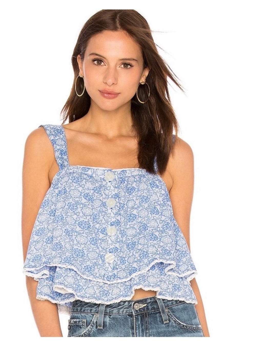 Free People Sweet Caroline Top in a blue and white floral print, size L (n)